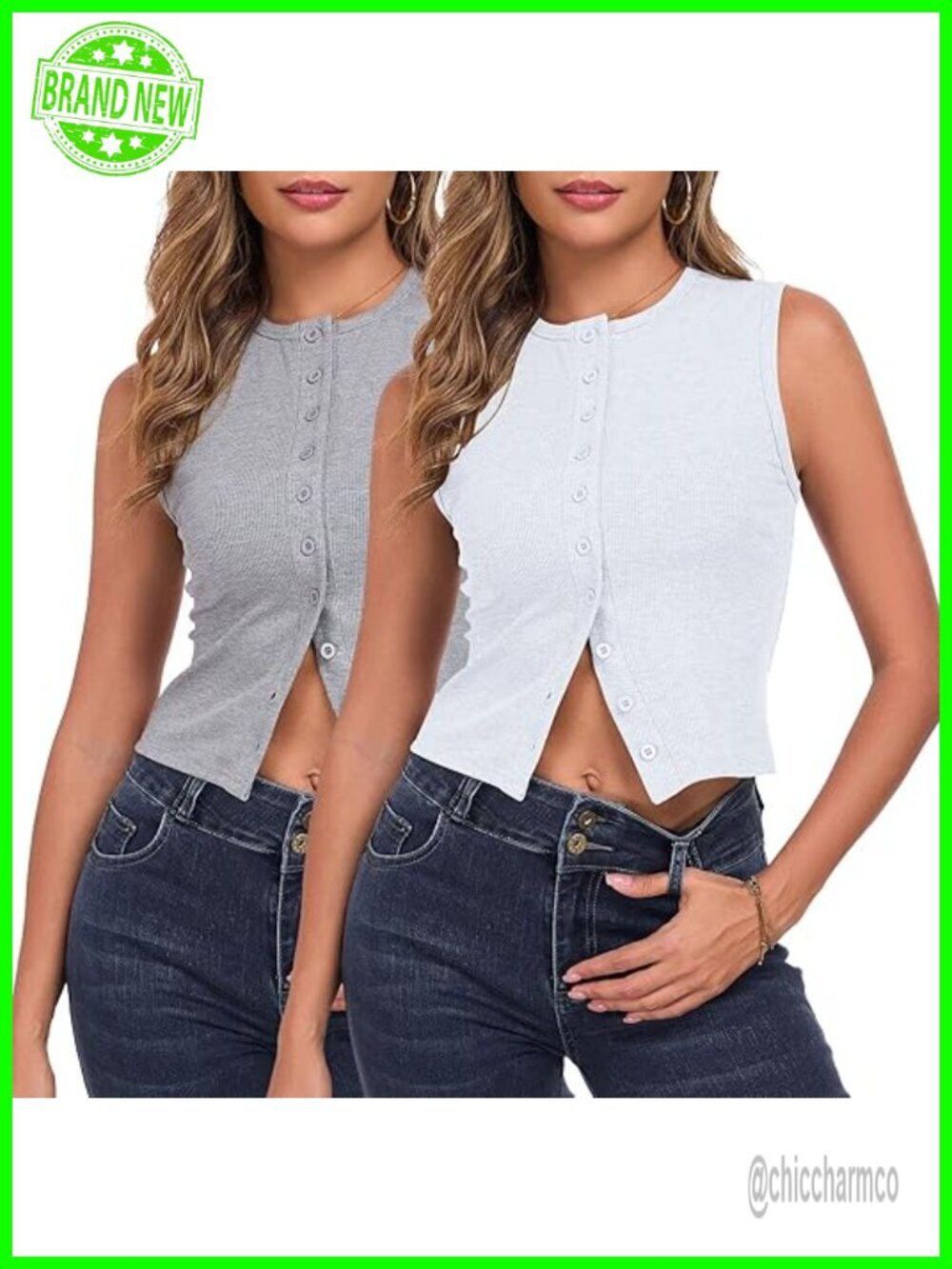 Ribbed Button Down Crop Tank Top Sleeveless Summer Going Out Tops